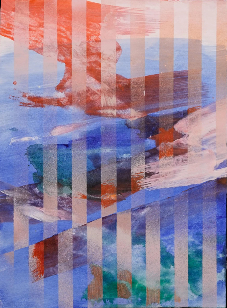 Abstract painting with straight vertical bars across a gestural composition of purple, orange, and teal brushstrokes