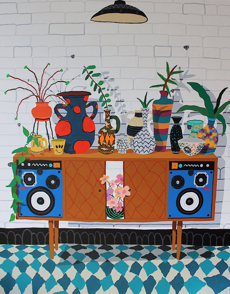 Painting of a record cabinet with blue speakers holding various colorful vases and pottery, on a blue tiled floor against a white brick wall