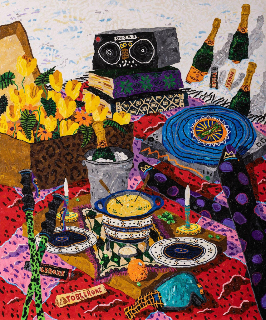 Painting of a collection of items arranged on a red and pink rug over snow, including a box full of yellow flowers, a stack of books, champagne bottles, toblerones, a fondue set up, and a turntable