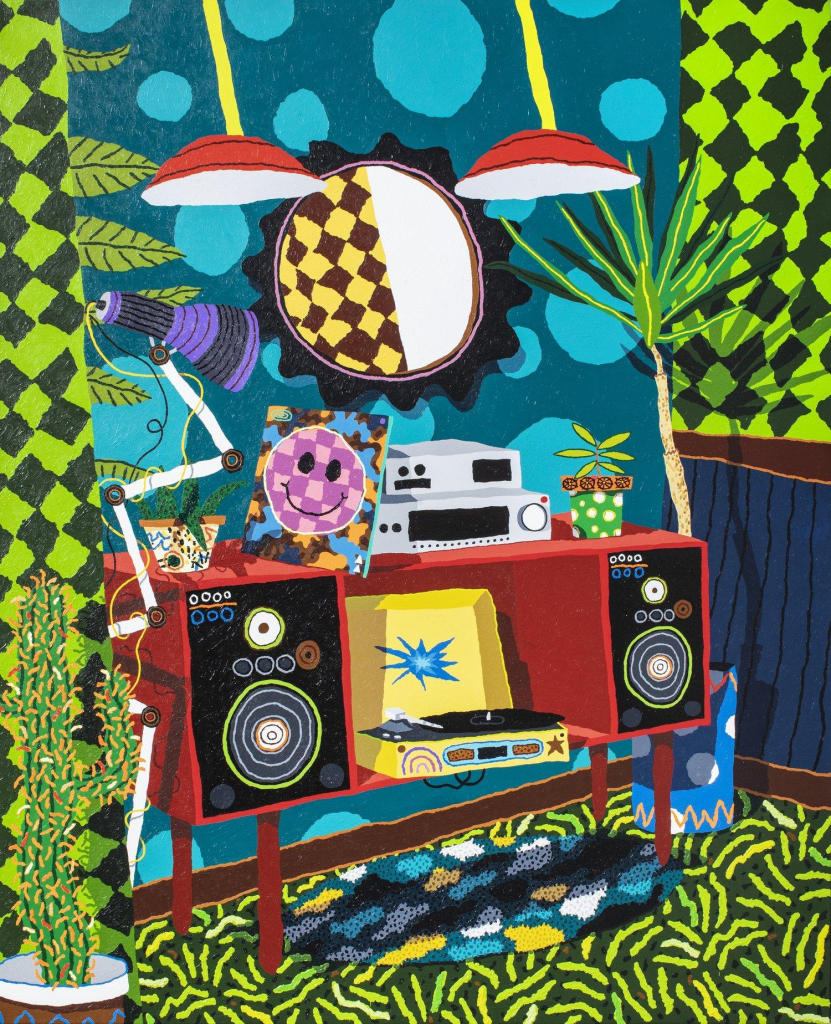 Painting of a record cabinet with speakers and turntable in a room with green patterned walls and floor, as well as plants, a mirror, and lamps