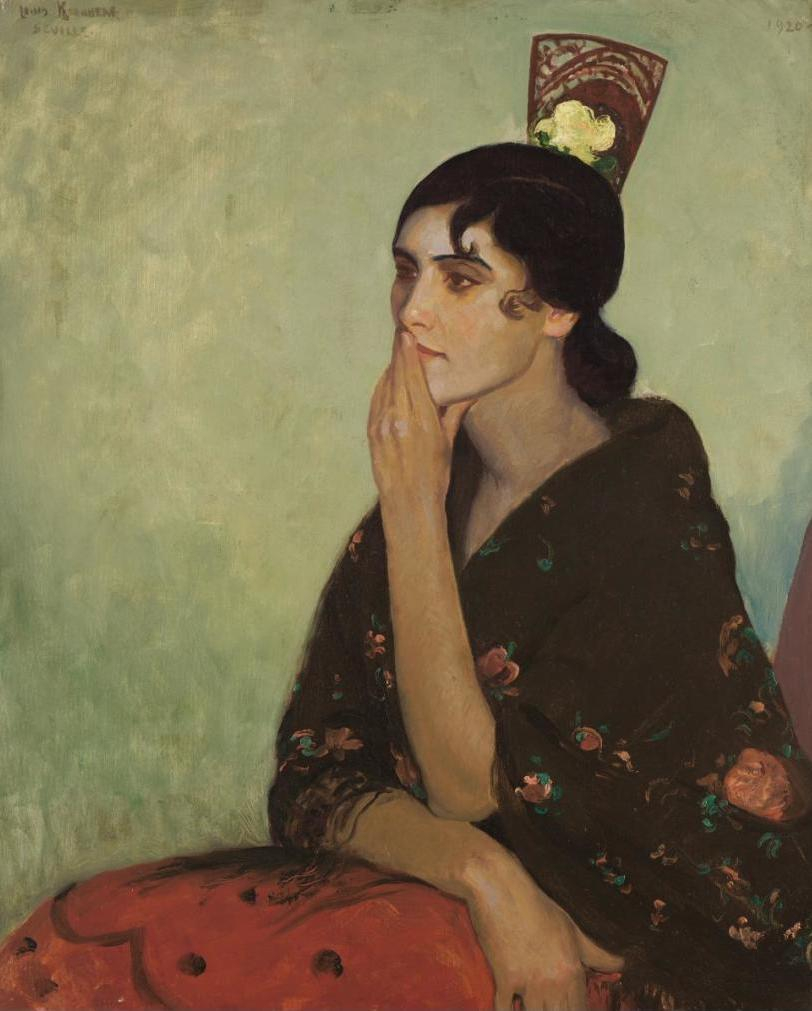 Painting of a woman with dark hair and tan skin sitting with her hand holding her chin and mouth, wearing a dark floral shawl, red skirt, and stiff fan in her hair