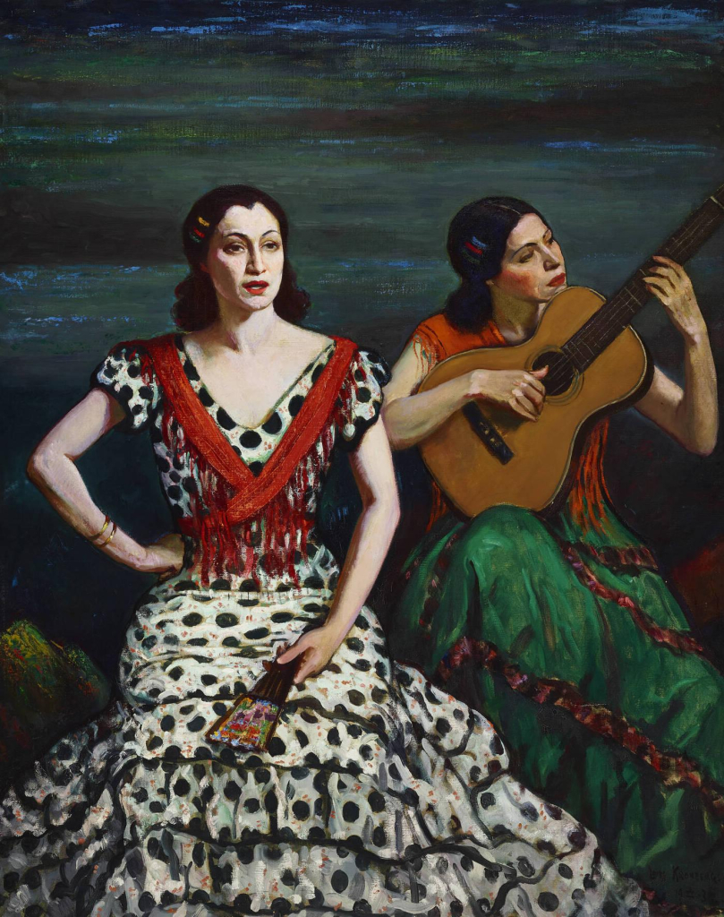 Painting of two women with dark hair and colorful, flouncy dresses, seated on a stage. One woman is singing with one hand on hip and the other holding a closed fan, the other plays a guitar