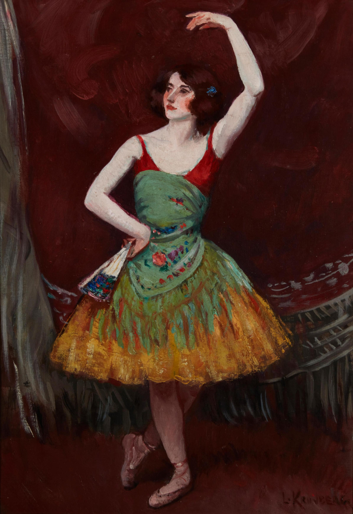 Painting of a young woman/teen girl ballet dancer with pale skin and short brown hair, posed with her arm raised in an arc, wearing a green and gold costume, against a maroon curtain backdrop.