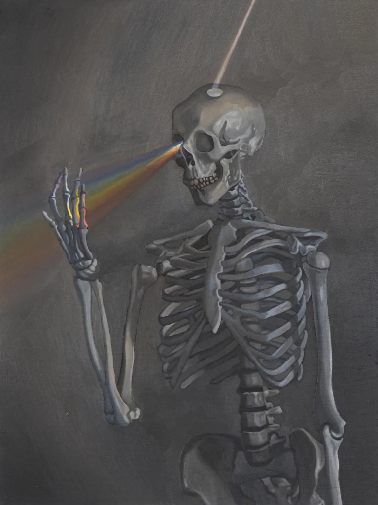 Painting in a grayscale palette of a skeleton holding up their hand and looking it. A beam of light shines into a hole in the skull and a rainbow shines out from one of their eyes onto their hand.