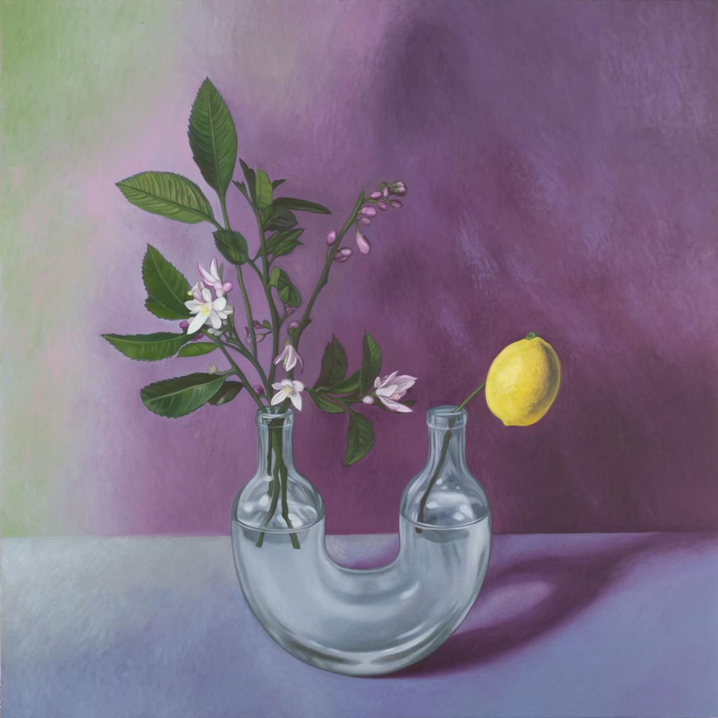 Painting of a curving glass vase with two openings, one holding a stem with a lemon, and one with a cluster of white flowers with green leaves, against a purple background.