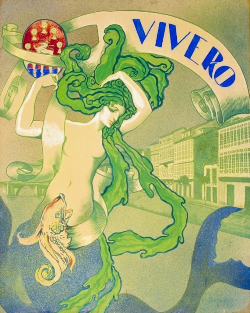 Poster in a green and yellow palette showing a fair-skinned woman with green hair resembling cloud forms or seaweed, with urban buildings in the background and the text "Vivero" on a banner along the top