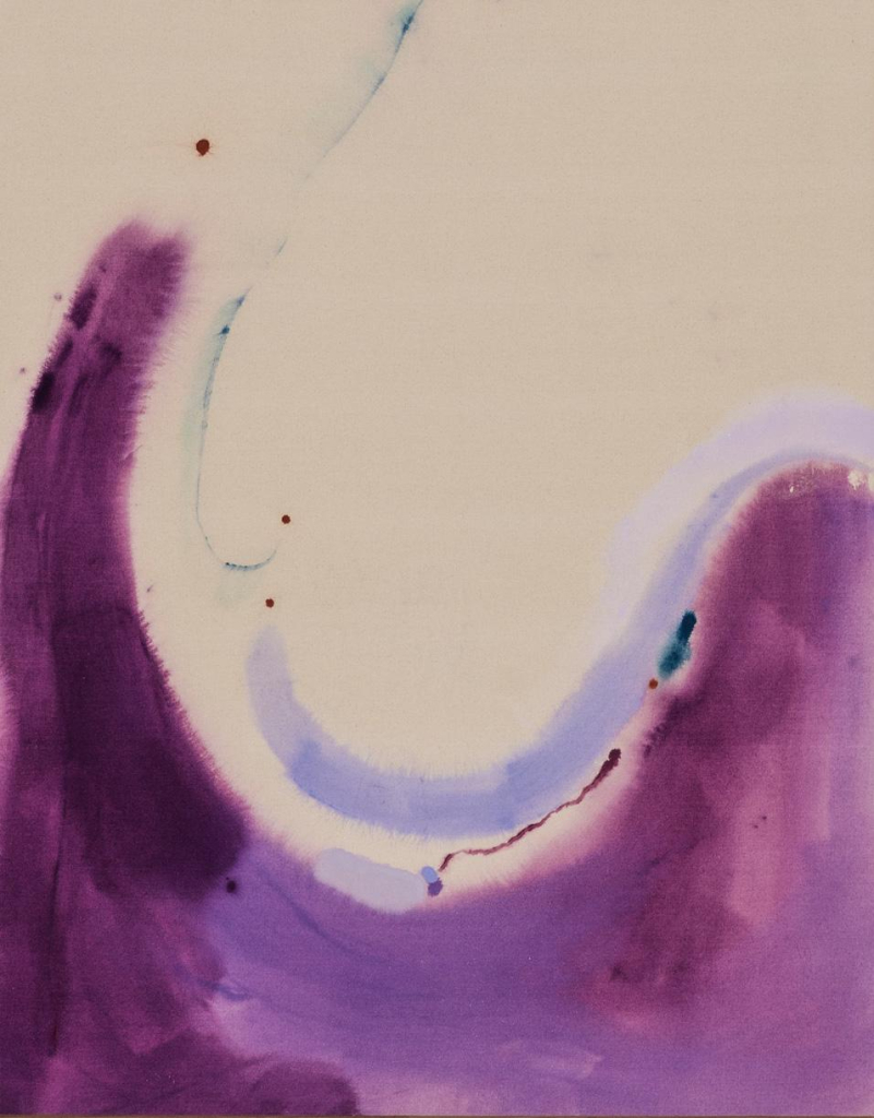 Abstract painting with gestural strokes and soft washes inshades of purple, forming a U-shape across the bottom and center, against a beige canvas