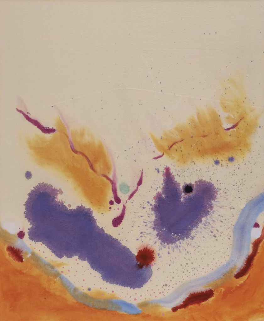 Abstract painting with gestural strokes and drips in yellow, purple, and orange lightly spread across the bottom and center, against a beige canvas