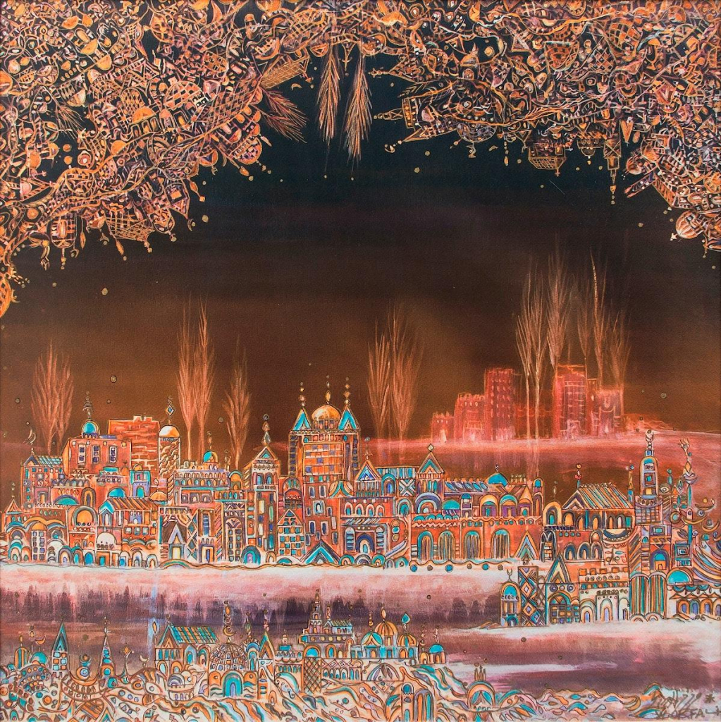 Painting of a Persian city reflected on the water in an intricate, detailed style, with an upside down jumble of buildings hanging from the sky. The palette is red, orange, and black with bits of teal