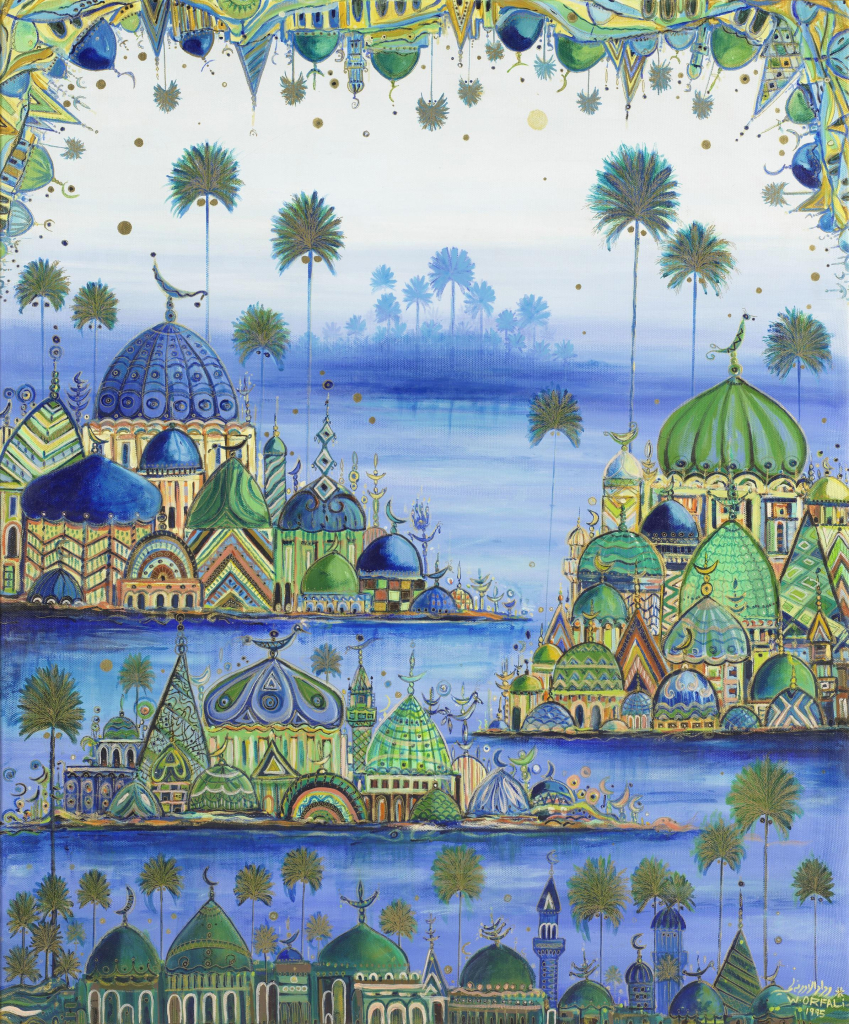 Painting of  clusters of Persian cities on islands in the water, in an intricate, detailed style. A jumble of buildings hang upside down from the upper edge of the canvas. The palette is blue and green against a white sky.