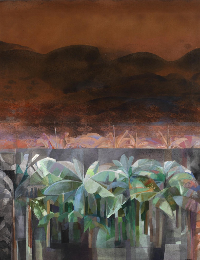 Painting with abstracted elements, showing green palm plants in the lower foreground, and an orange and rust hilly landscape in the background