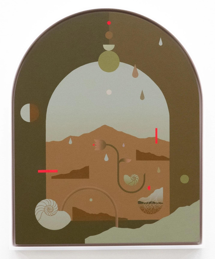 Painting of a semi-abstract scene in a palette of brown and green with red accents, showing a desert landscape with floating shapes including shells and raindrops, on an archway-shaped canvas