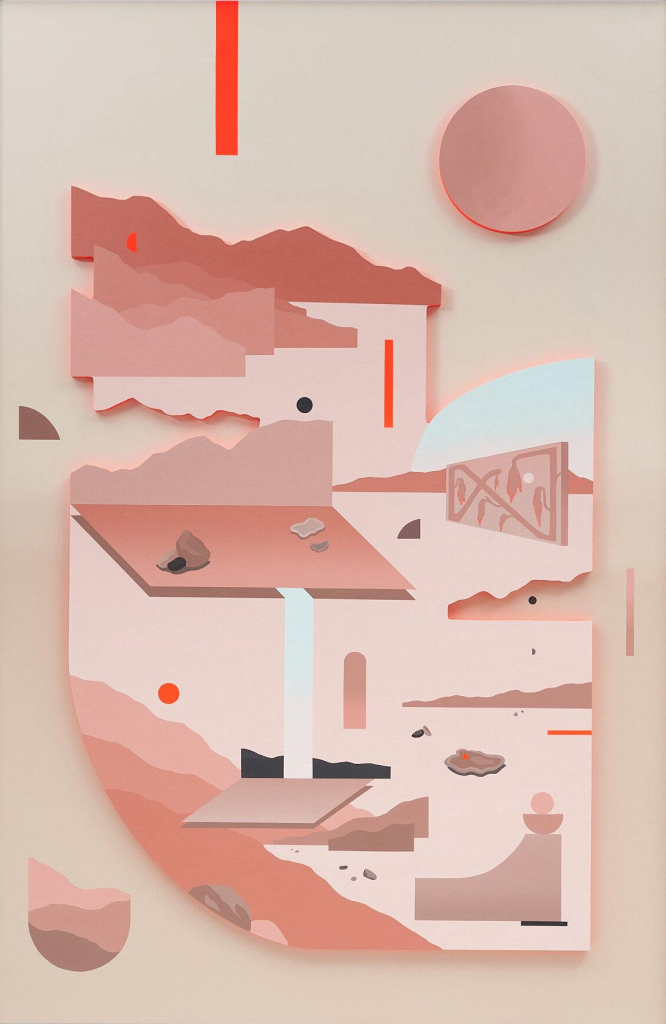 Painting of an abstract scene in a pink and rust palette within a cut-out form with jagged edges, depicting a sequence of ledges and hills floating against a pale backdrop