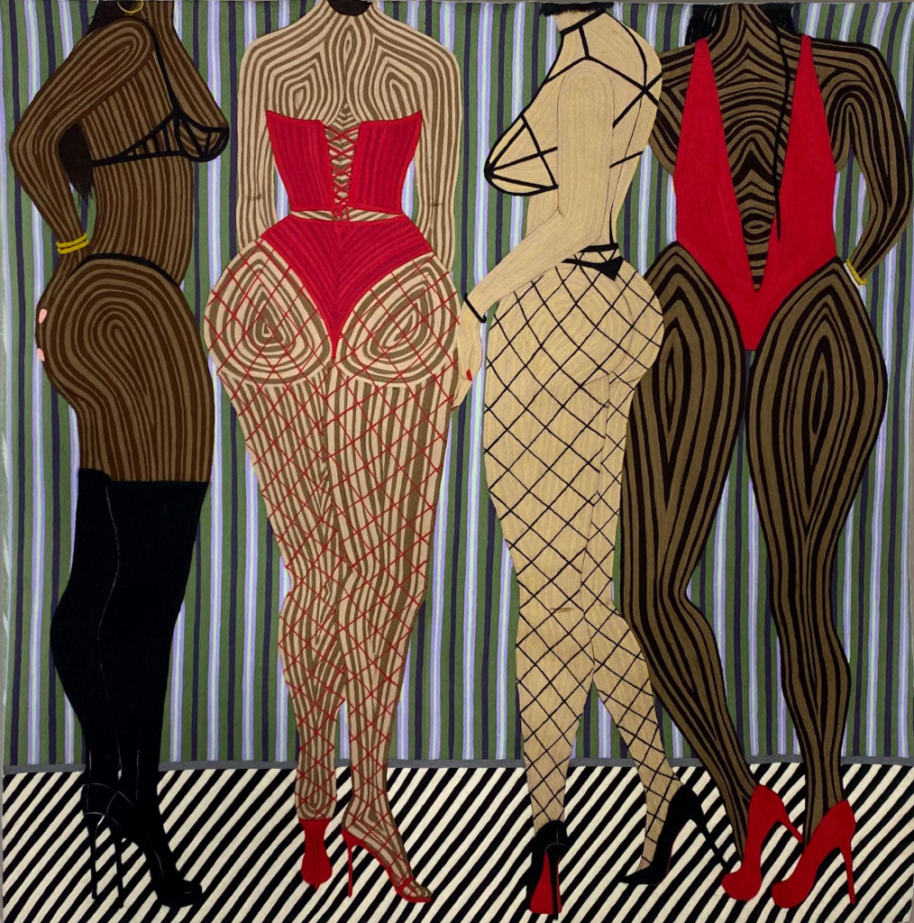 Textile work depicting a group of four women standing together wearing corsets, fishnets, and spiky heels. Their heads are cut off by the canvas, and the room is decorated with striped patterns