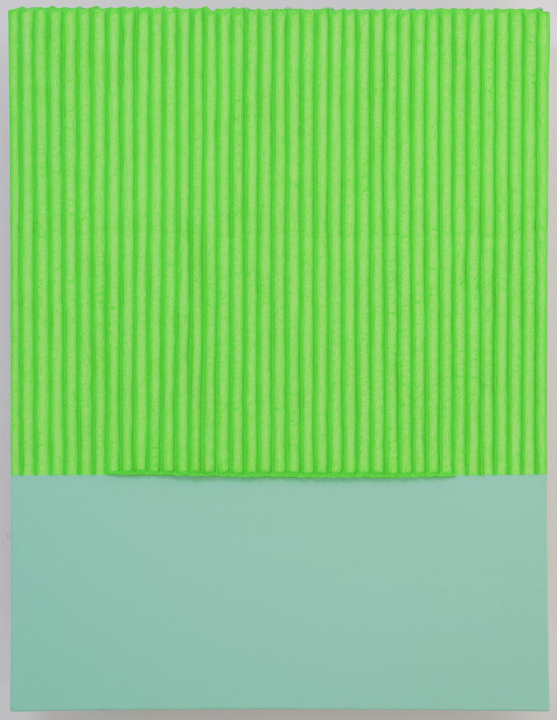 Abstract painting of a series of straight vertical neon green lines in the upper third, and a flat spread of pale gray-green along the lower third of the canvas