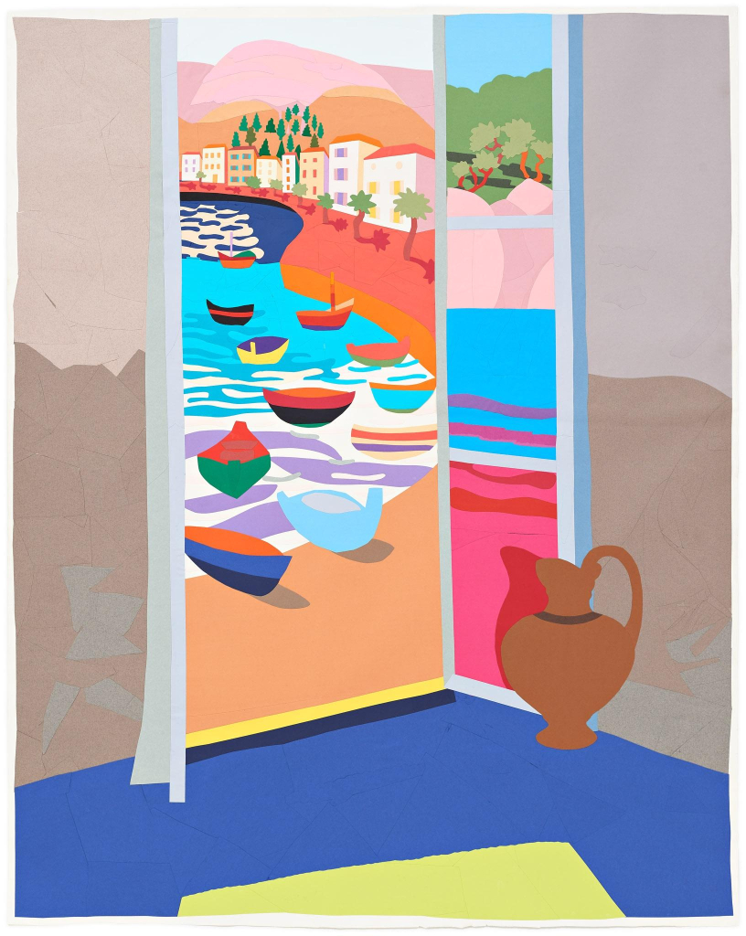 Collage composition of an open window looking out over a colorful body of water filled with small boats, surrounded by a curving red-orange beach