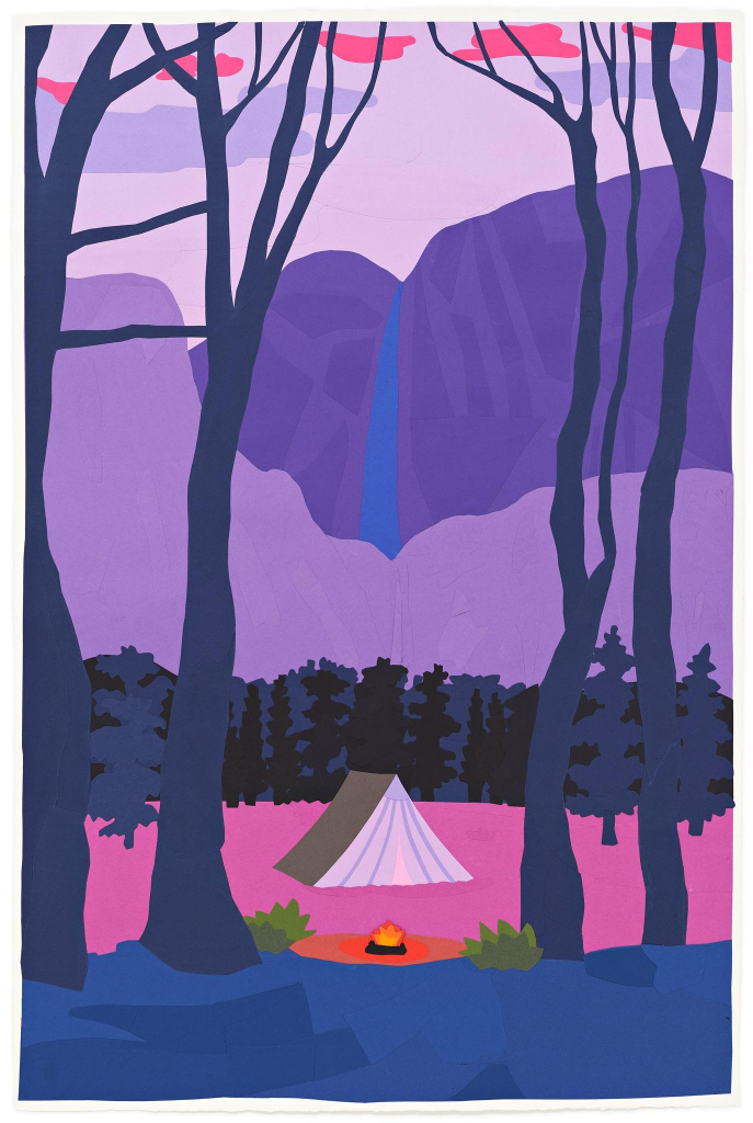 Collage composition of a campsite with a small tent and fire surrounded by tall tree trunks and a mountain with a waterfall in the background, with a purple, grey-blue, and pink color scheme