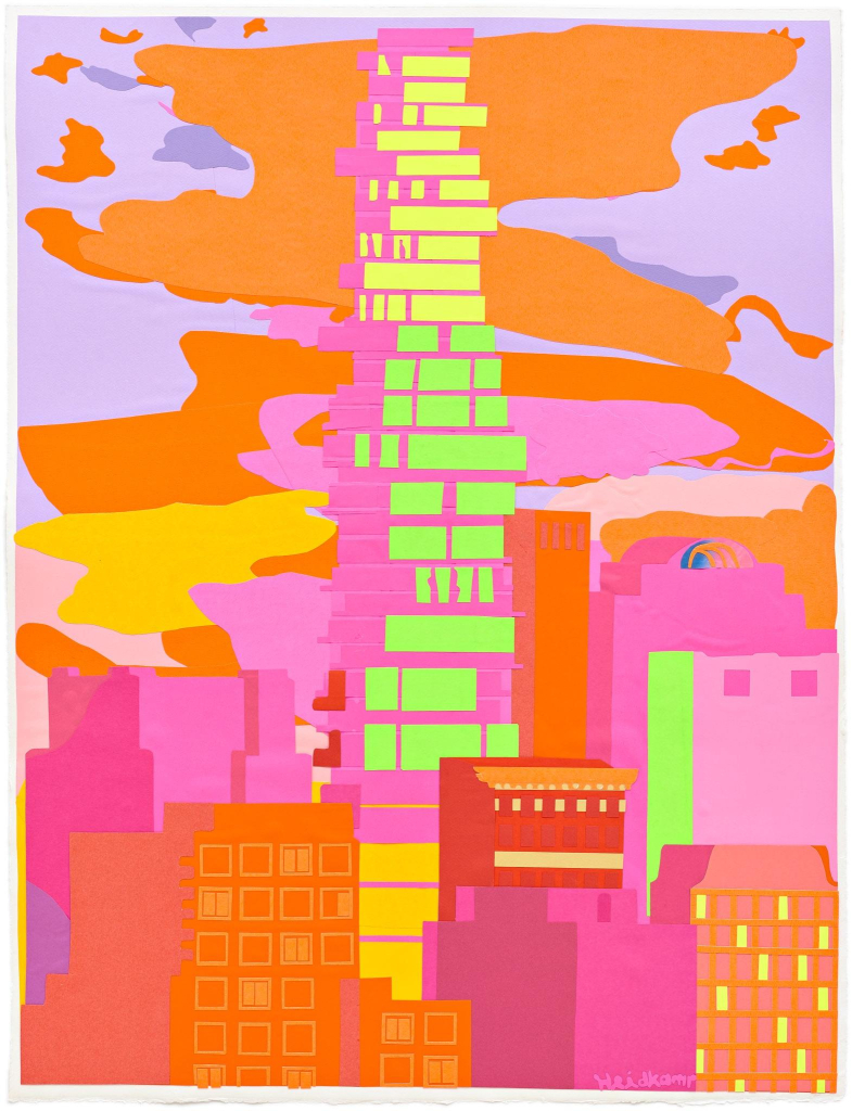 Collage composition of a tall, narrow building with jagged edges surrounded by smaller buildings, against a cloudy sky, in a bright color scheme of pink, neon green, and orange