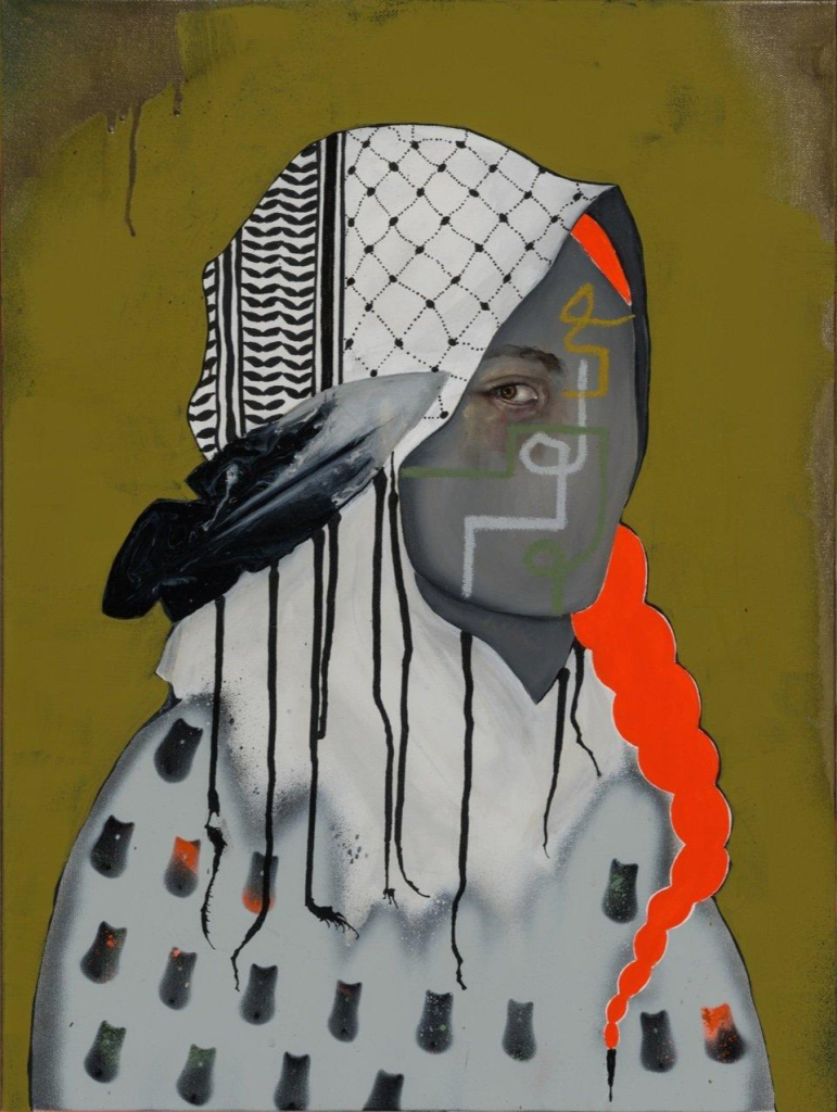 Painting of a woman wearing a white patterned textile, with lines of face paint over gray skin that has only a single eye rendered. She has one long red braid coming out of a Keffiyeh headscarf. A black and white feather hovers over her shoulder dripping black paint.