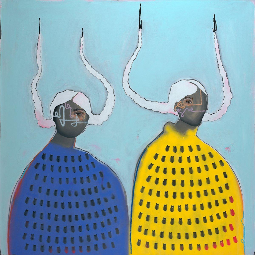 Painting of two women wearing a blue and yellow patterned textilse, with colorful face paint and long white braids, all raised high pointing up. The background is a light blue. Their faces are missing mouth, nose, and one eye