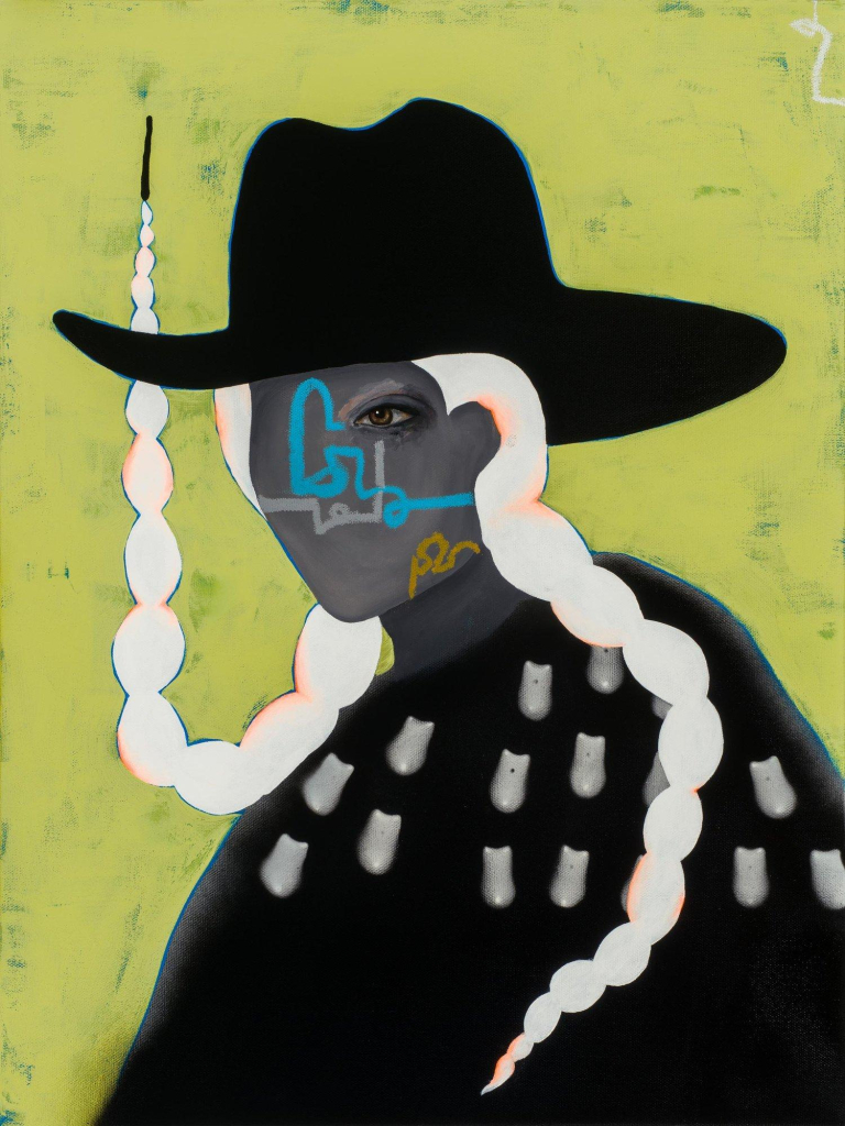 Painting of a woman wearing a black patterned textile and a black wide-brimmed hat, with colorful face paint and long white braids, one braid raised high pointing up. The background is a yellow-green.