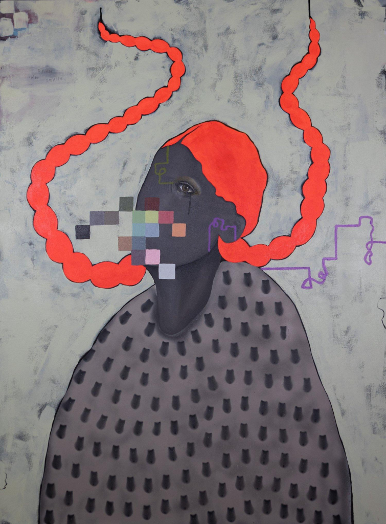 Painting of a woman wearing a gray patterned textile, with colorful face paint and long red braids, both raised high pointing up. The background is a soft gray. Over her face is a grouping of small squares in various colors, obscuring her mouth and nose