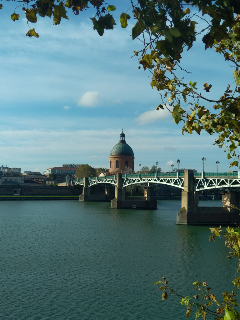 A Toulouse, une vue de la Garonne automnale, avec le pont St Pierre et ses arches metalliques, et au fond un dôme de bronze et de briques. Les couleurs se partagent en bleu-vert : l'eau, le pont, le dôme ; en bleu du ciel ; en orange-brique