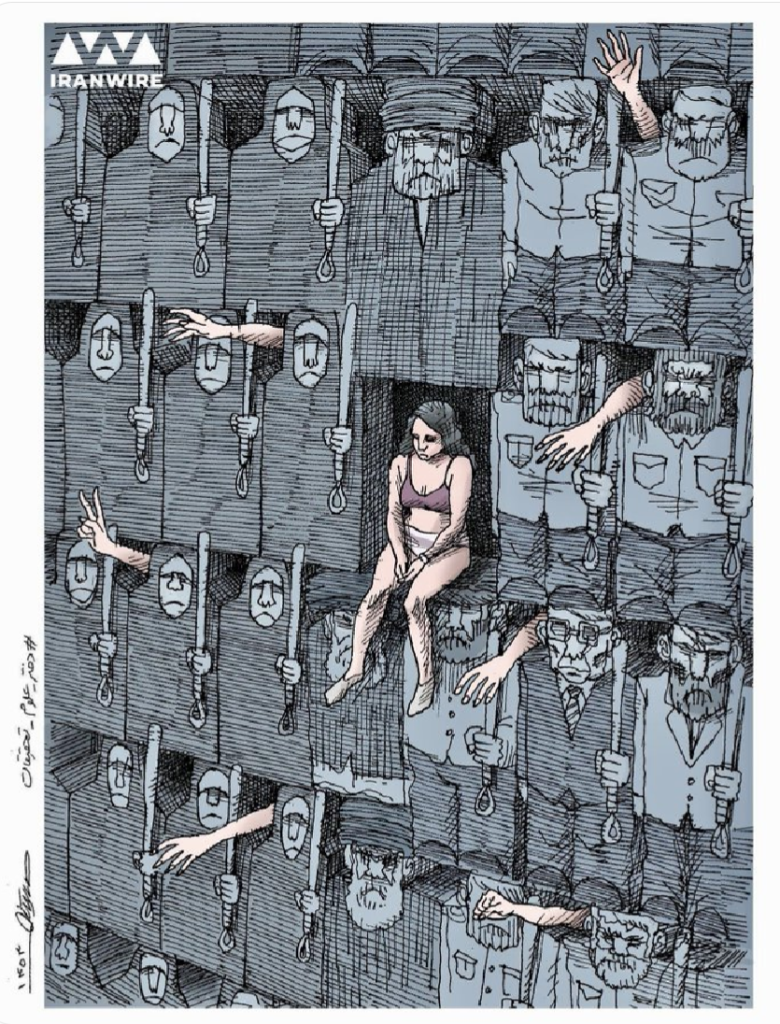 Illustration of Ahou Daryaei she sits on a window ledge of what looks like a prison wall. The wall is made up of male figures all holding canes, whips, nooses or other instruments of torture. Illustration from IranWire.