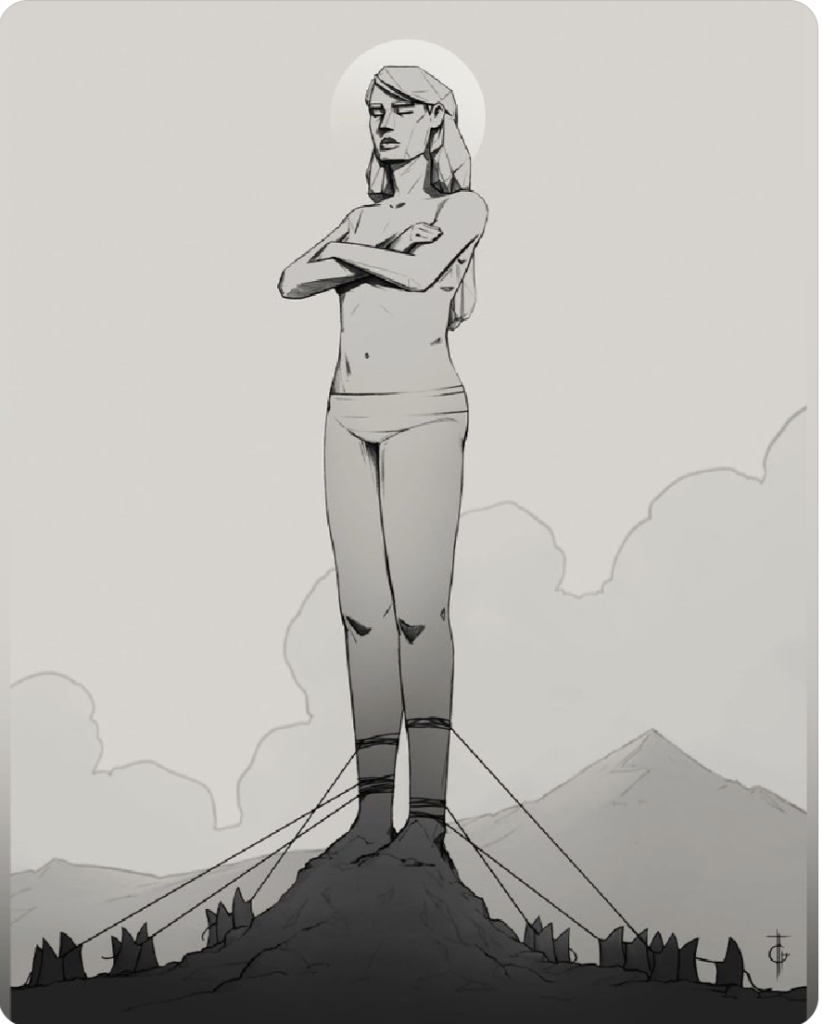 Monochrome illustration of Ahou Daryaei as a ginormous stone statue. Tiny silhouetted figures work with ropes to put the statue in place on a small hill. There are mountains and clouds in the background.