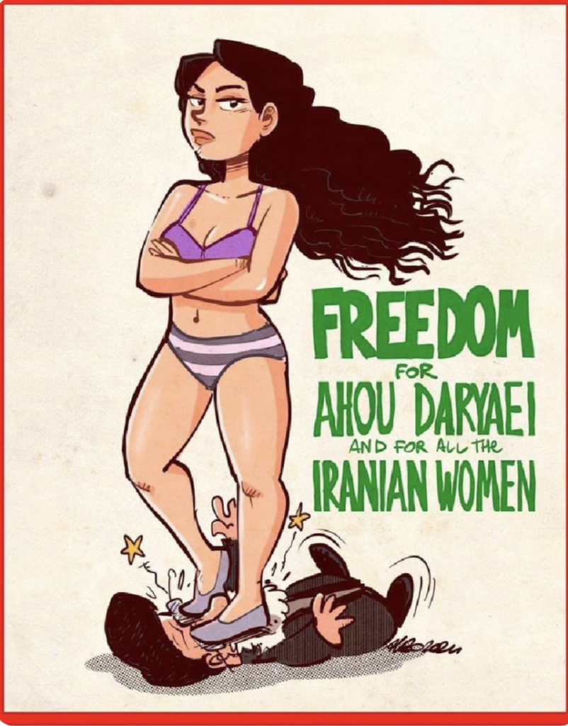 Illustration of Ahou Daryaei stepping on a mullahs face. Text reads "Freedom for Ahou Daryaei and for all the Iranian women "