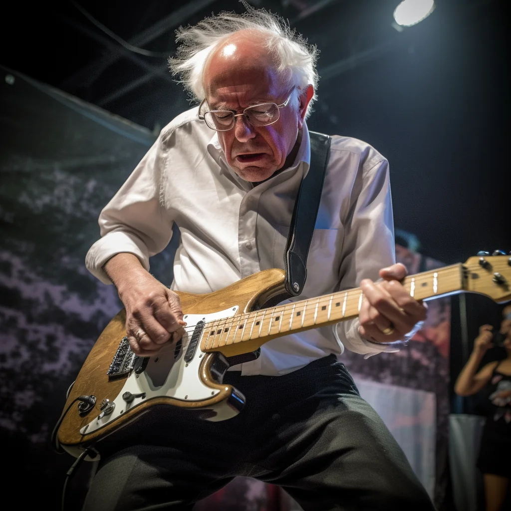 Bernie Sanders playing electric guitar at a rock concert