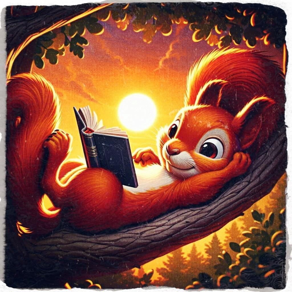 A setting sun in the background. A red squirrel, relaxing on a tree branch in the foreground. He's very relaxed, laying on his back, with a book popped against his back legs. He's happily reading the book while the sun sets on him.