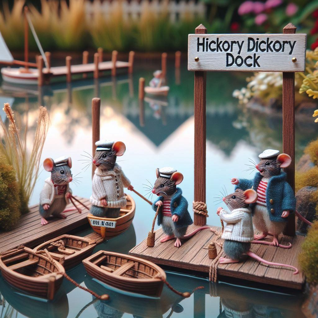 Five mice dressed like little sailors mooring their rowing boats at a river pier labelled Hickory Dickory Dock