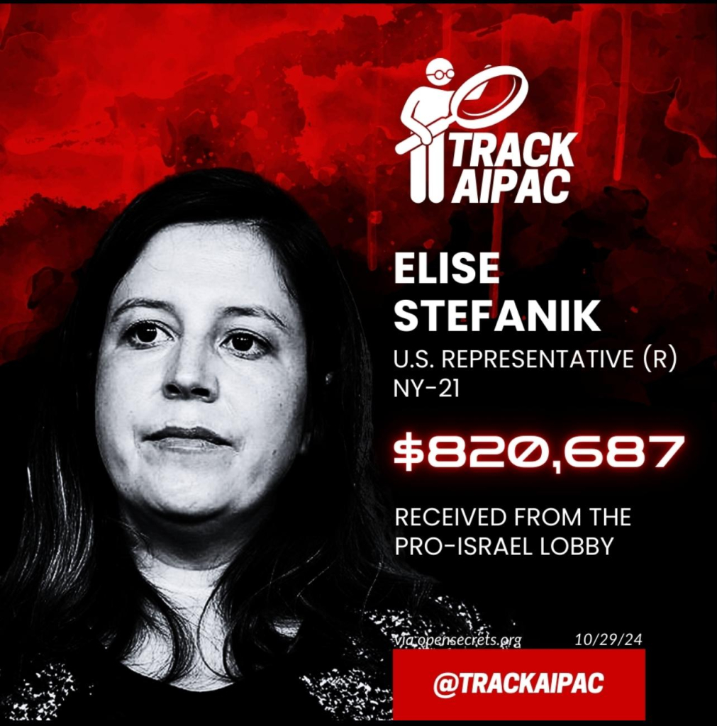 TRACK
ELISE
STEFANIK
U.S. REPRESENTATIVE (R)
NY-21
$820,687
RECEIVED FROM THE
PRO-ISRAEL LOBBY
via.opensecrets.org
10/29/24
@TRACKAIPAC