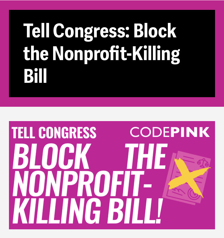 Codepink poster to stop nonprofit killing bill