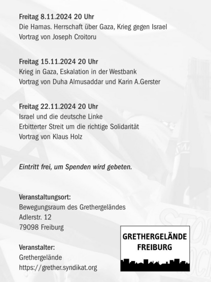 Während der Krieg in Gaza weiter andauert, hat die israelische Armee im August im besetzten Westjordanland ihren größten Militäreinsatz seit 2002 ausgeführt. Gleichzeitig terrorisieren radikale israelische Siedler:innen zunehmend die palästinensische Bevölkerung in der Westbank. Dramatische Zuspitzung auch zwischen Israel und der Hisbollah. Die Lage nicht nur in Gaza ist katastrophal.

Duha Almusaddar und Karin A. Gerster werden über die Lage vor Ort berichten und diese analysieren. Die beiden werden aus erster Hand über die Situation in den Flüchtlingslagern,
über die Invasion der israelischen Armee im Westjordanland und über die Gewalt von Siedler:innen in der Westbank sowie dem besetzten Ost-Jerusalem berichten. Sie werden auch aufzeigen, was das für das alltägliche Leben der Palästinenser:innen bedeutet.
