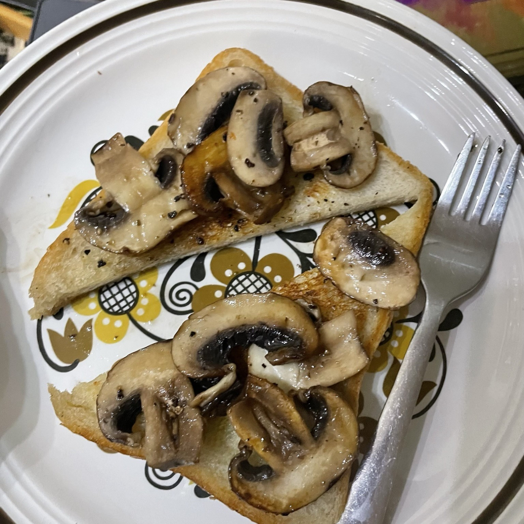 Two triangular pieces of thick white fried bread covered with sliced chestnut mushrooms with lots of salt & pepper on a retro 1970s dinner plate (brown and mustard yellow stylised flowers, very “Robin’s Nest” if you’re old enough to remember that in the UK). 