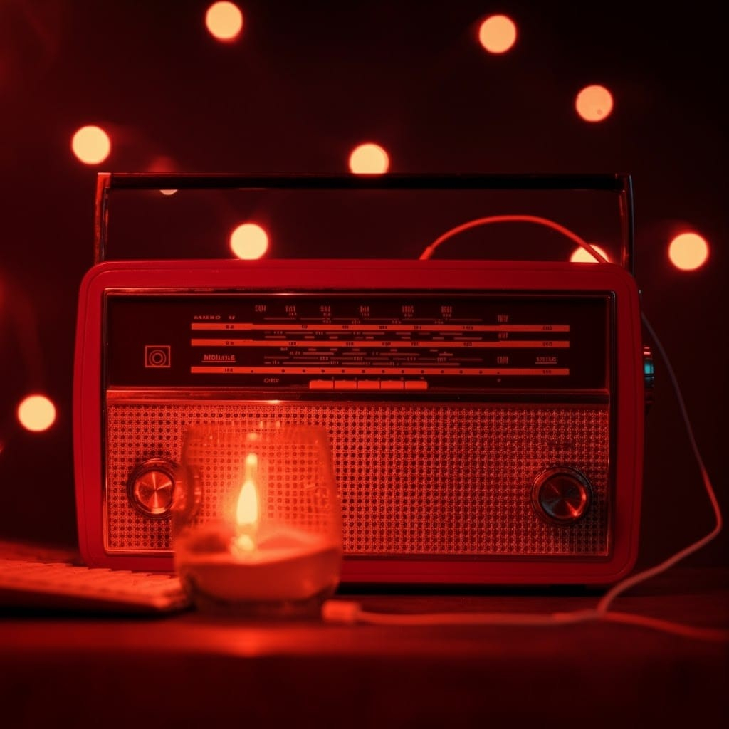 Transistor radio in the dark, with some low power spotlights behind and a slow and low candle in a glass, lighting it from the front, giving a reddish glow