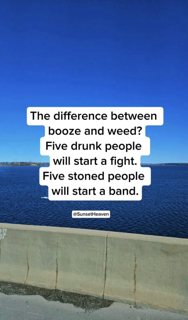 The difference between booze and weed? Five drunk people will start a fight. Five stoned people will start a band. @SunsetHeaven