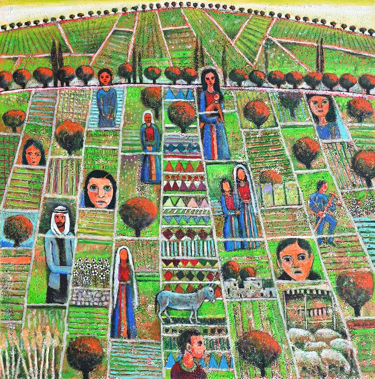 The land language.

Faces & figures of Palestinians are embedded in a green map of Palestine filled with olive trees.