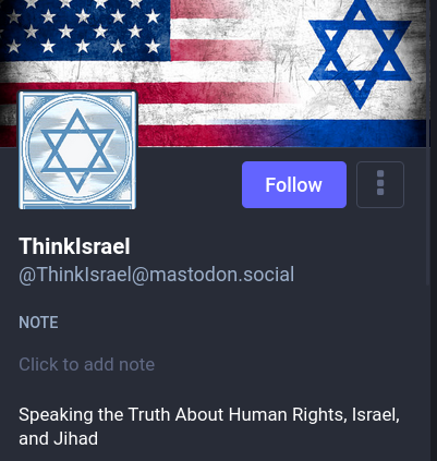 An account called ThinkIsrael@mastodon.social 

Bio says: "Speaking the truth about Human rights, Israel, and Jihad."

Profile picture is the star of David while the banner picture is the US flad merging into the Israeli flag.