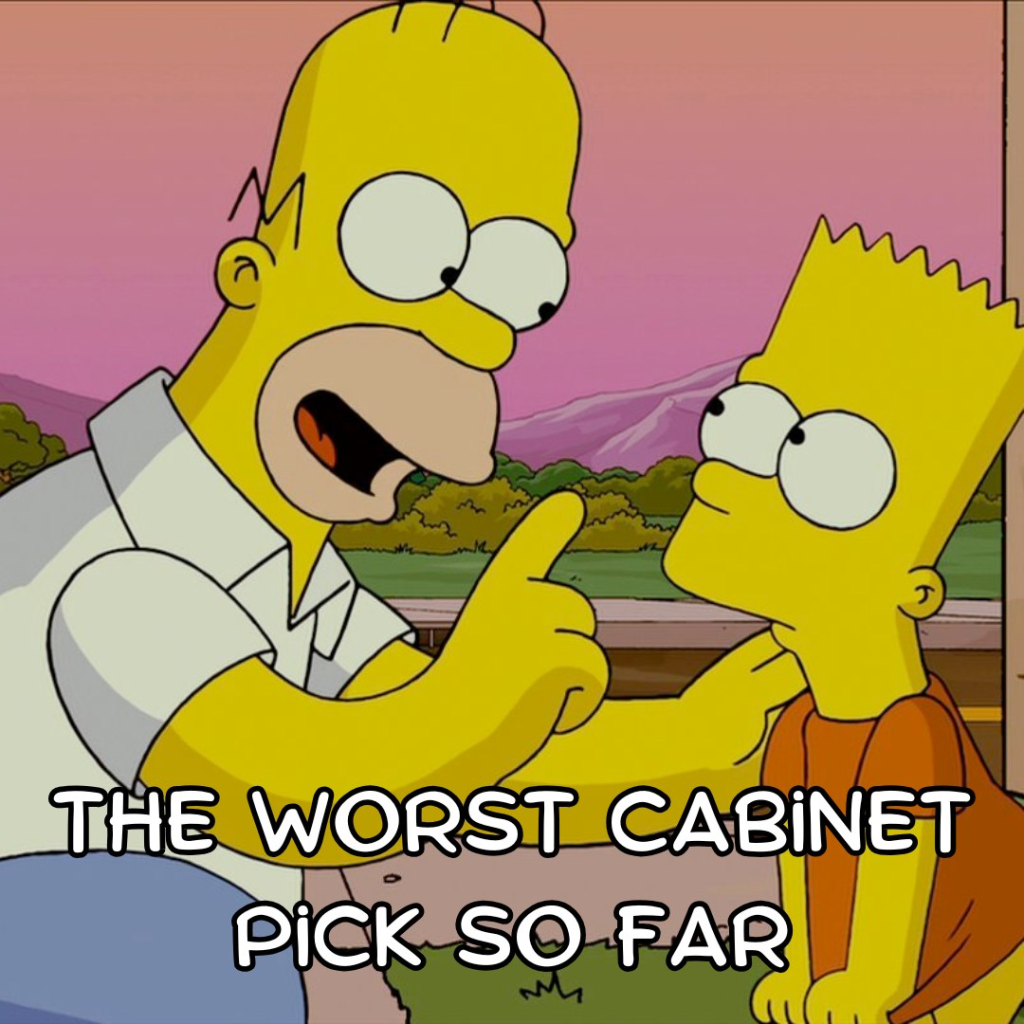 Simpson meme of Homer telling bart: “The Worst Cabinet Pick So Far”