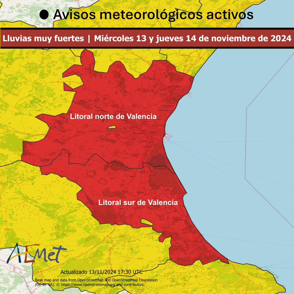 Map showing a large region around Valencia with the red warning