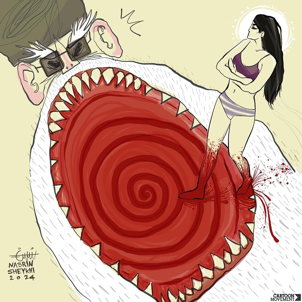 Cartoon showing Ahoo Daryaei (the Iranian woman who stripped down to her underwear to protest Iranian clothing laws) stepping onto a portrait of ayatollah Khamenei, who has a mouth that is a giant bloody spiral with pointy teeth.