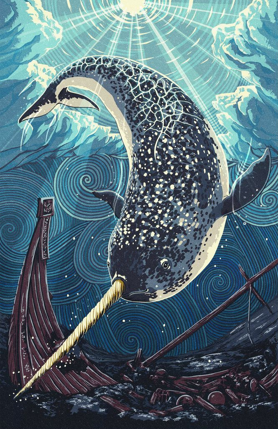 A stylised painting of a narwhal diving into the sea.  A wooden boat is sinking at the bottom of the image.