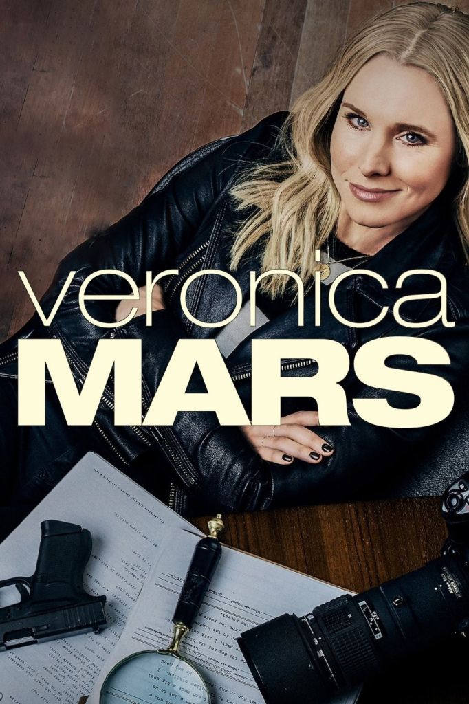 tv show poster for veronica mars -- kristen bell smiling at camera with gun, magnifying glass and papers in foreground