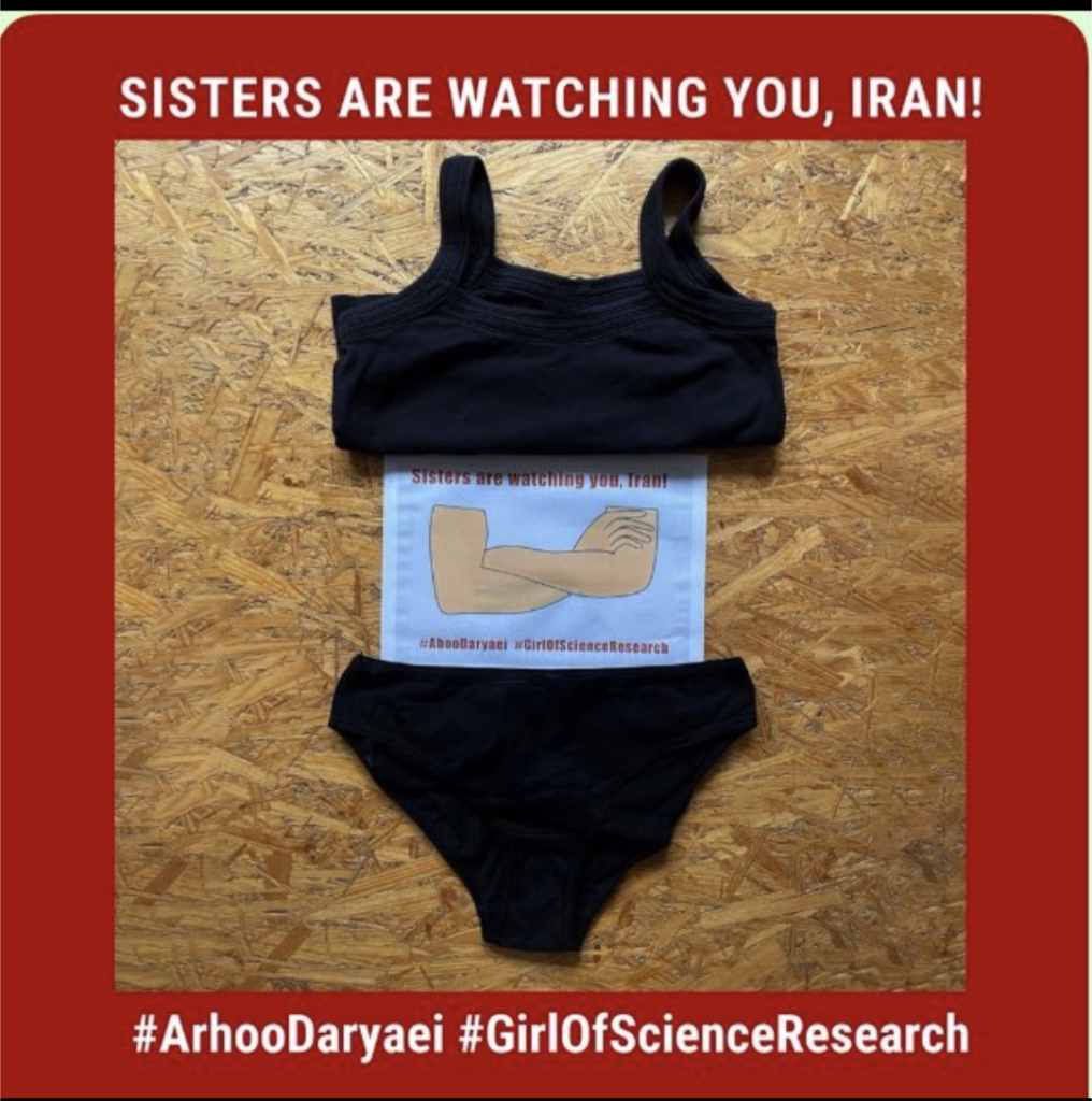 Black underwear set laid out on a piece of wooden chip board. In between them is a piece of printed paper showing a pair of folded arms and text saying 'Sisters are watching you, Iran! #AhouDaryaei #GirlOfScienceResearch