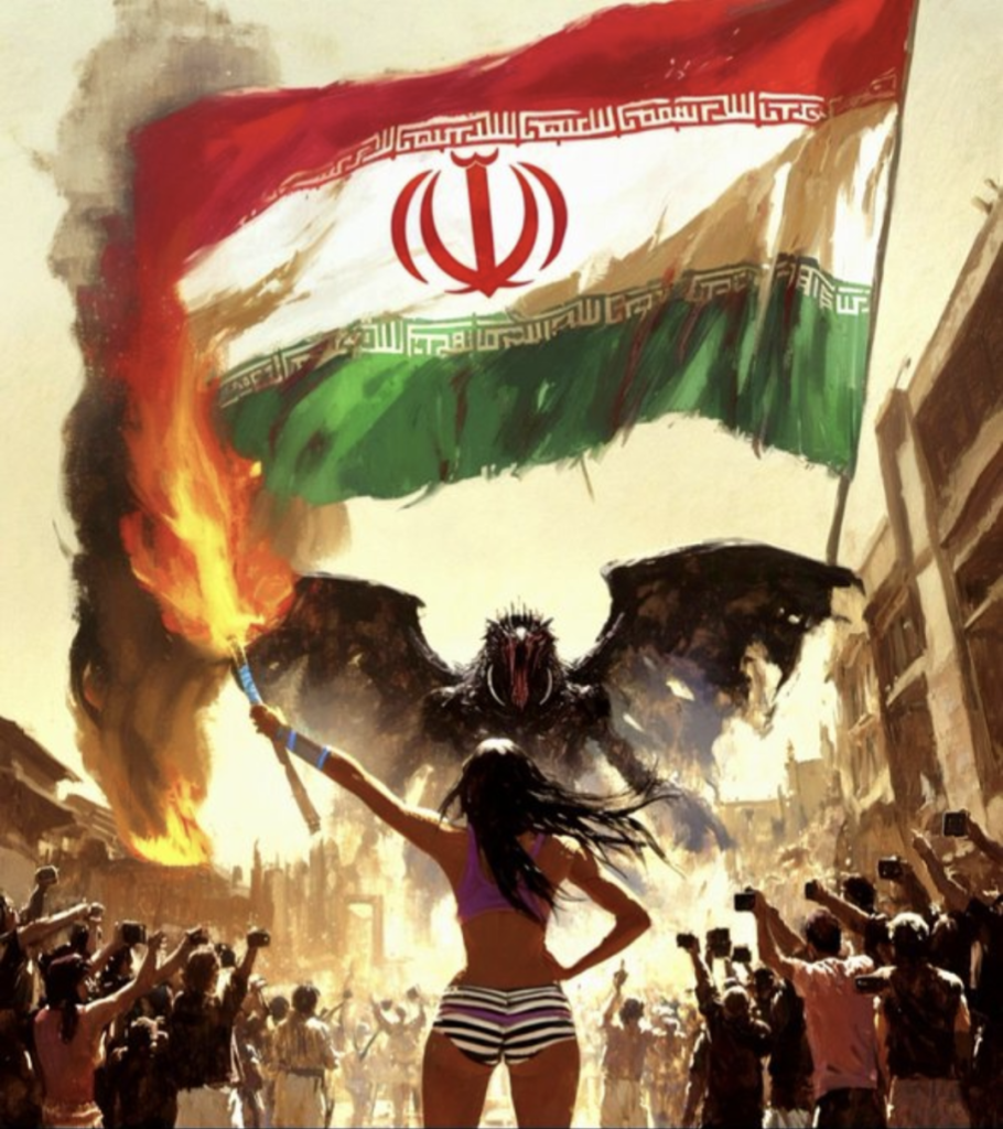 Illustration of Ahou Daryaei in a crowded dusty street lined with a crowd of people. She is facing a giant black winged monster who holds a giant Iranian flag. Ahou is holding up a flaming torch to the flag which is setting on fire.