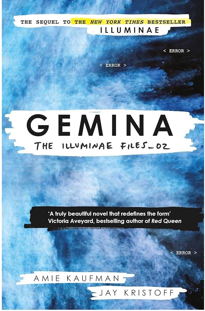 The image features the cover of the book "Gemina," part of "The Illuminae Files" series by Amie Kaufman and Jay Kristoff. It includes design elements with blue and black 