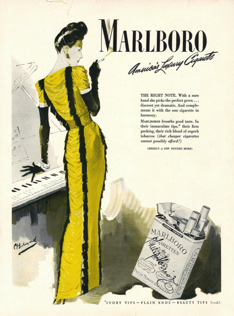 Vintage ad for Marlboro cigarettes. A dramatic illustration of a wealthy woman in a slimline dress, wearing black gloves and pearls. Her left hand hovers over a piano keyboard while her right one holds a cigarette. Tagline reads: "Marlboro – America's Luxury Cigarette"